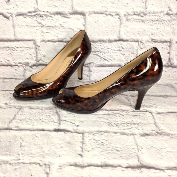 Cole Haan Womens Carma Peep Toe Heels Sz 8 B Patent Leather Tortoise Air Sole - Picture 2 of 14